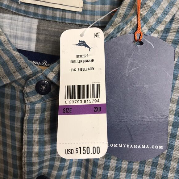 Tommy Bahama Mens Dual Lux Gingham Pebble Gray Blue Double Faced Shirt 2XB $150 - Picture 4 of 5